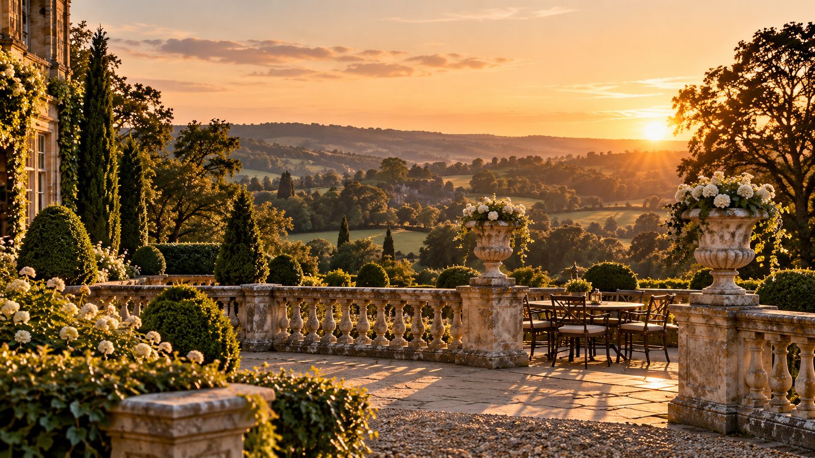Eine Terrasse mit Tisch und Stühlen im Abendlicht