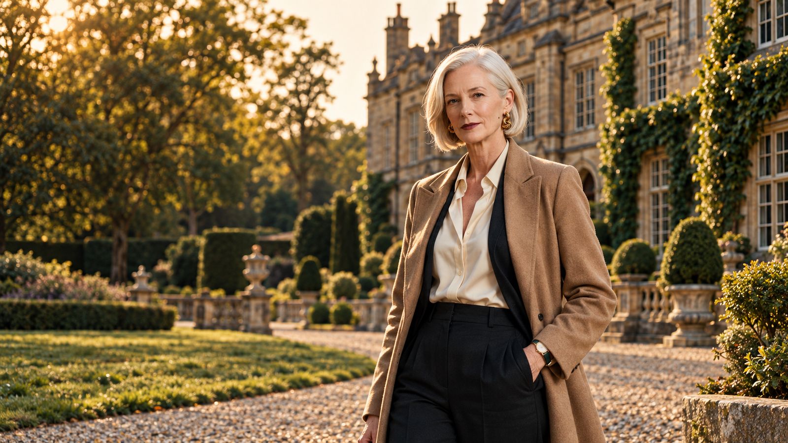 Eleanor Ashford steht vor einem englischen Landhaus