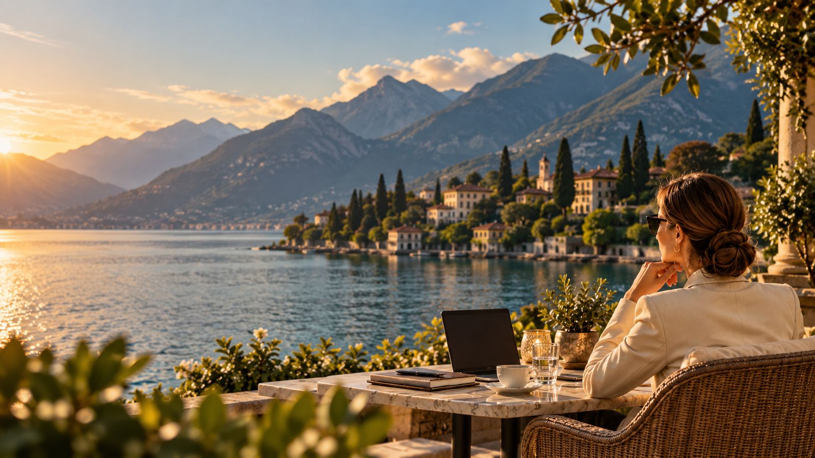 Eine Frau sitzt mit Laptop auf einer Terrasse über einem See und blickt auf das gegenüberliegende Ufer