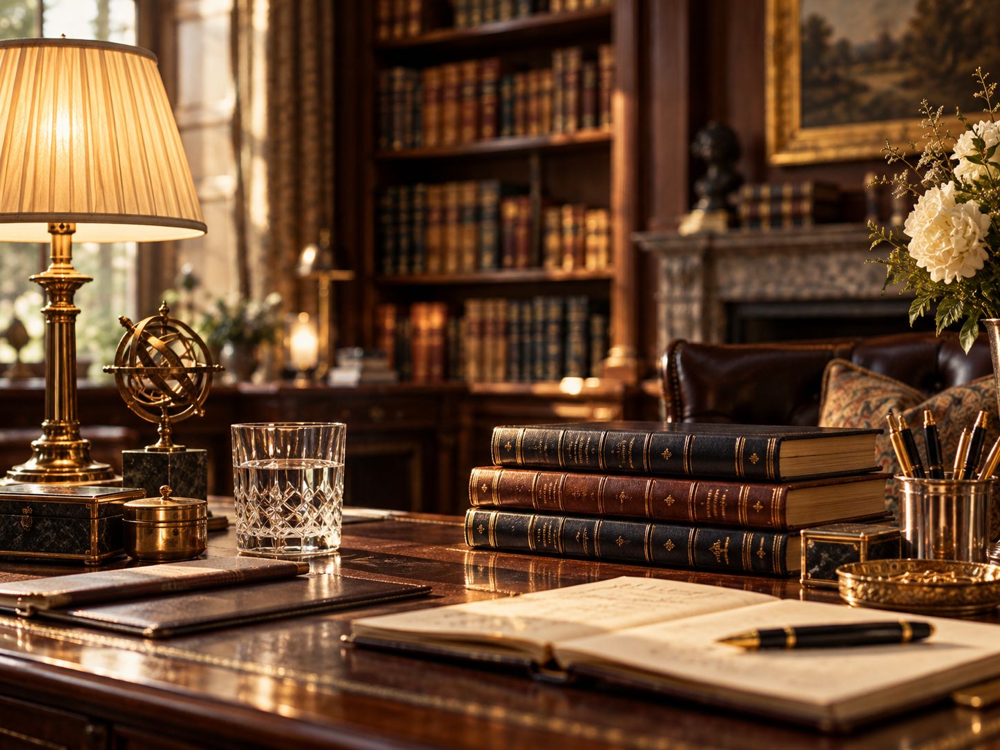 Ein Arbeitszimmer mit Bücherregalen, Schreibtisch und aufgeschlagenen Unterlagen