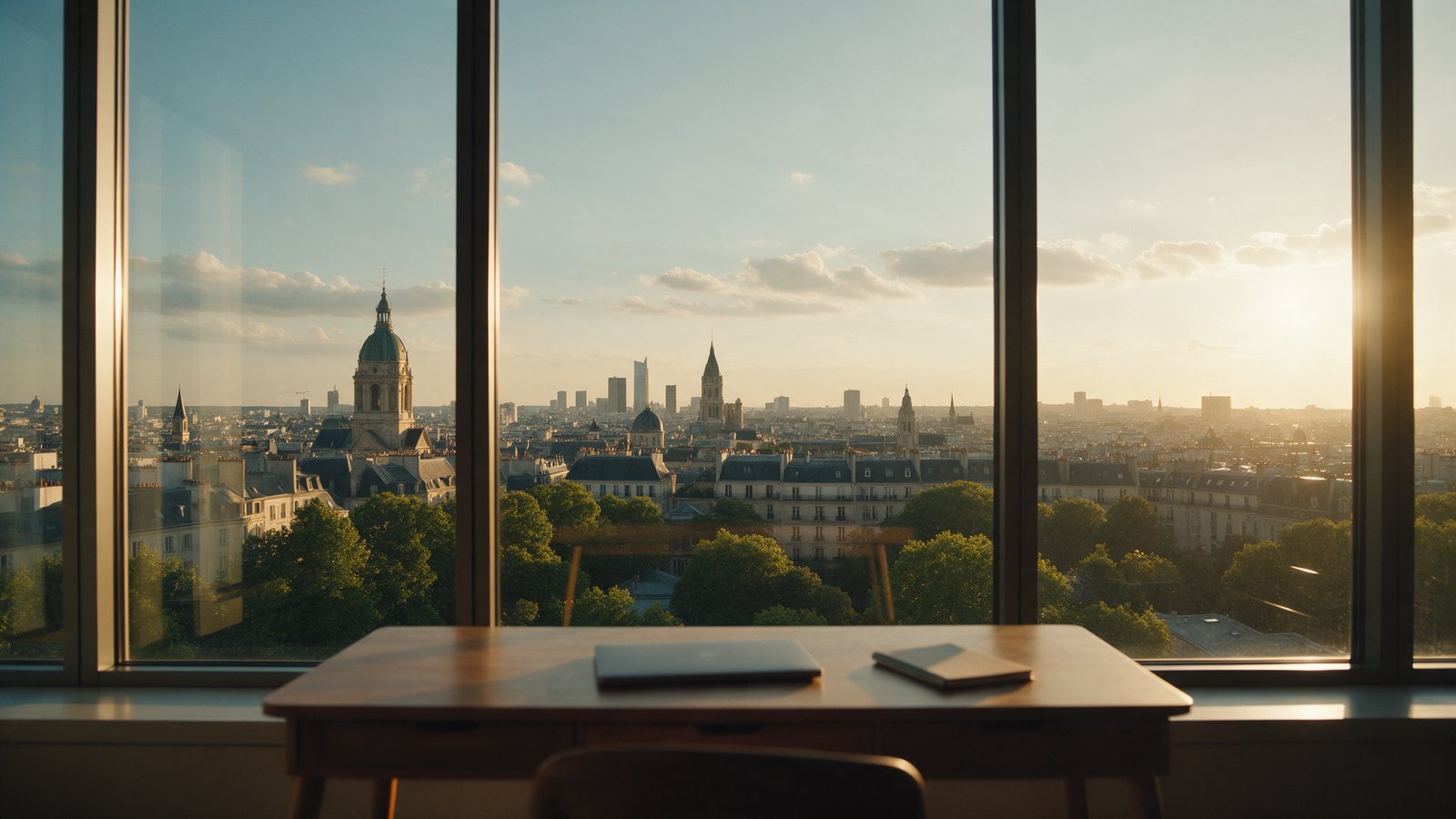 Blick aus einem Büro mit großen Fenstern auf eine Stadt im Abendlicht