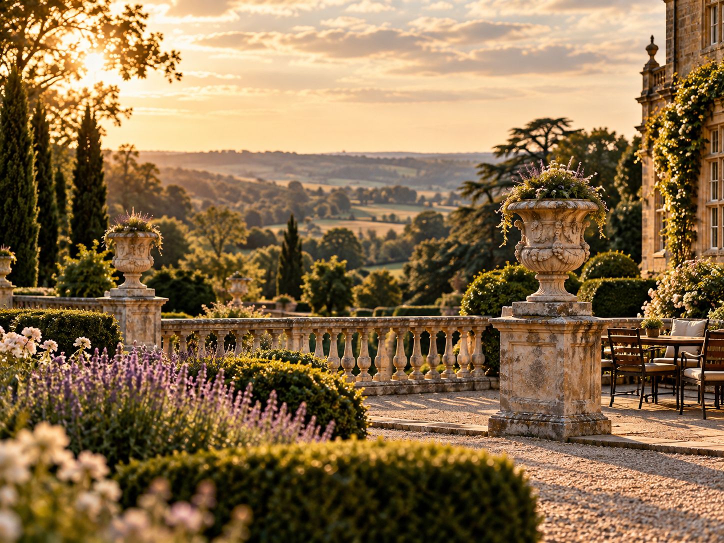 Blick von einer Gartenterrasse über eine hügelige Landschaft
