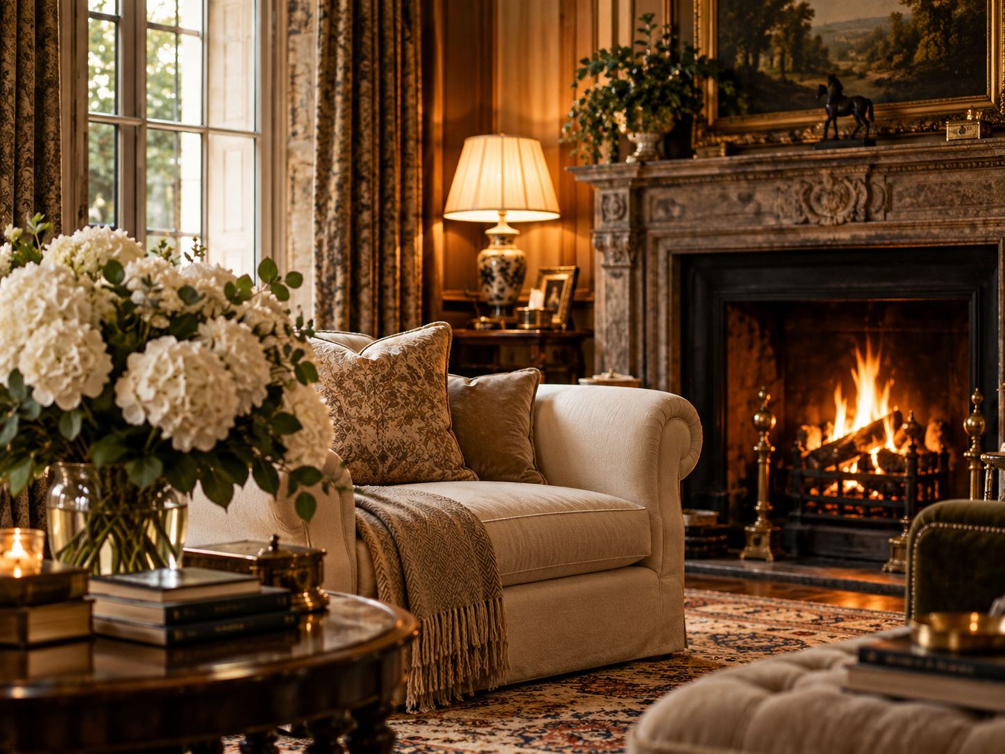 Ein Salon mit Kamin, Sofa und frischen Blumen