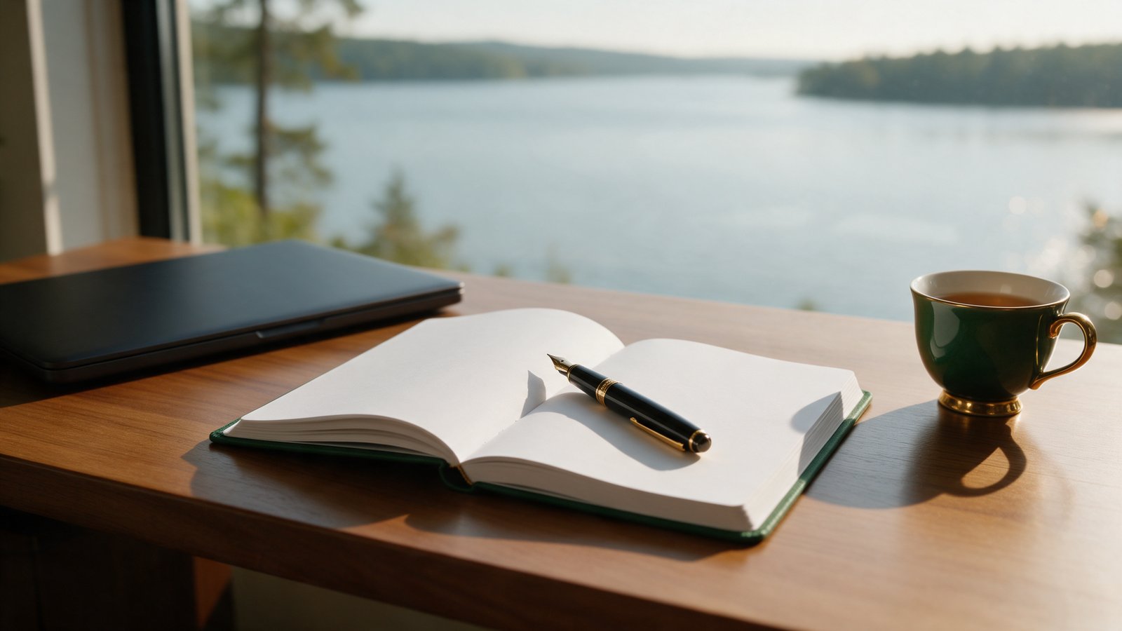 Ein Notizbuch, ein Füller und ein Laptop auf einem Tisch mit Blick auf einen See