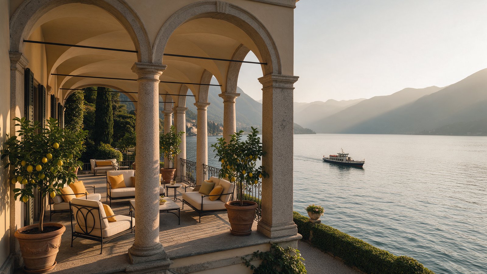 Eine Loggia mit Polstermöbeln und Zitronenbäumen über einem See