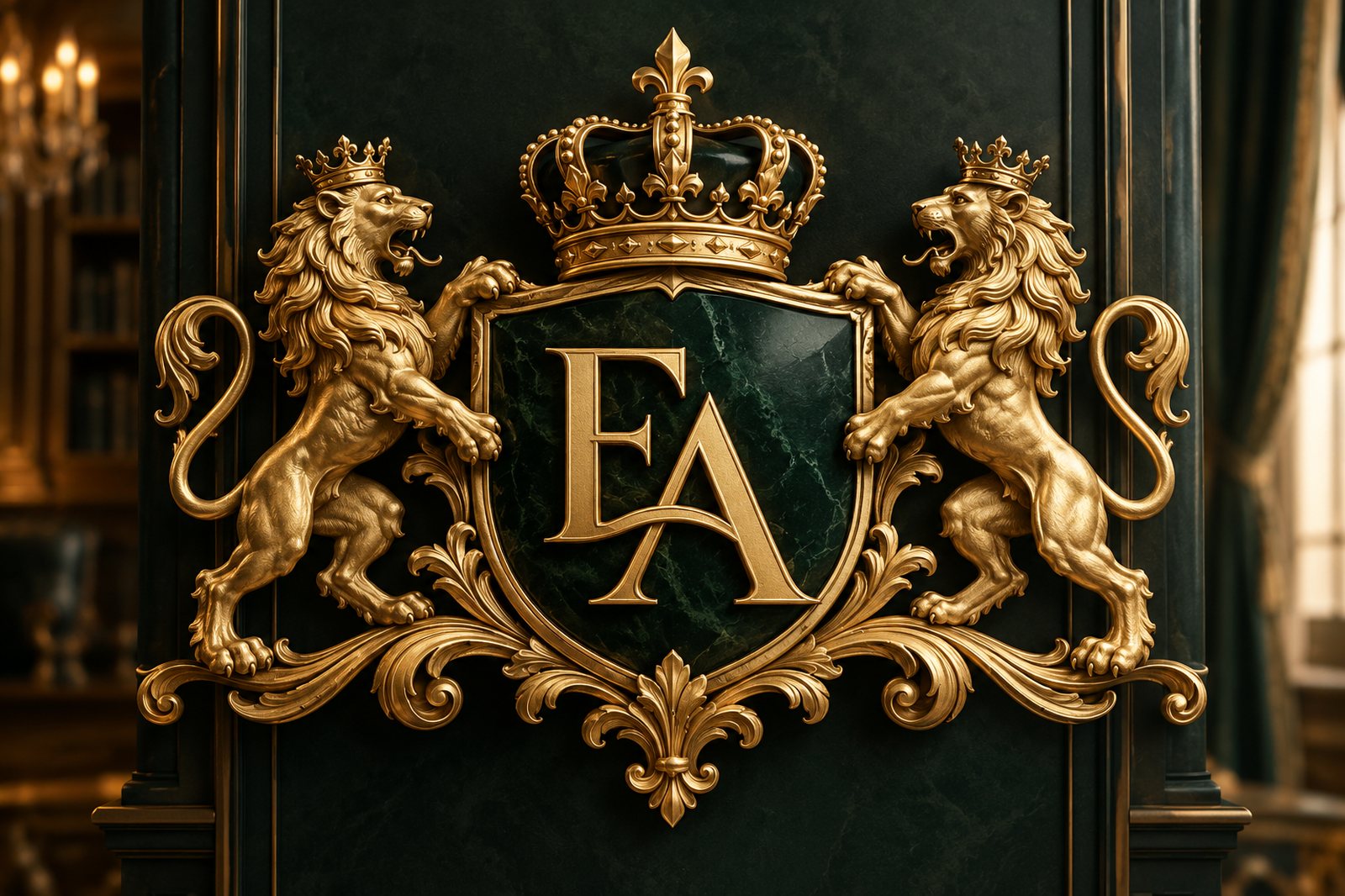 Goldenes Wappen mit den Initialen EA, zwei gekrönten Löwen und Krone auf dunkelgrünem Marmor